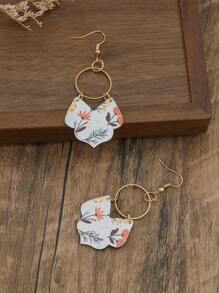 1 Pair Bohemian Floral Print Hoop & Wooden Slice Dangle Earrings, Copper Alloy Jewelry For Women, Metal Earring Hook Design, Suitable For All Seasons