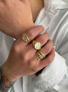 5pcs Minimalist Geometric Liquid Metal Rings Set, Adjustable Fashionable Punk Jewelry For Men