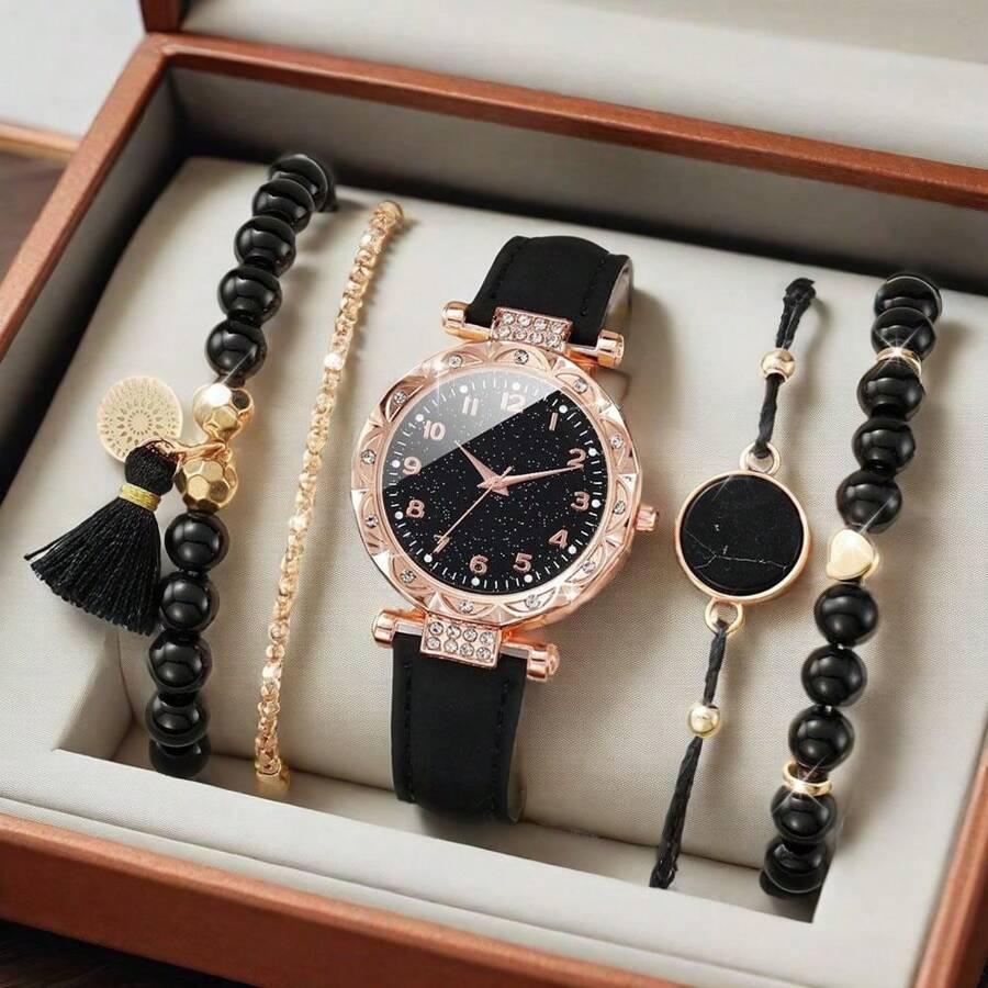 Set de 5 piezas de reloj de cuarzo con correa con cristales y pulsera de perlas para mujer (sin caja)