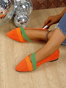 女士经典时尚黑色尖头平底鞋，户外防滑平底鞋，尖头平底运动鞋，平底乐福鞋，芭蕾平底鞋，闪光亮片平底鞋，弹性交叉带平底鞋，低帮平底鞋，豹纹平底鞋，适合派对、学校、日常穿着、户外健身、徒步旅行 - 亮橙色 - 查看 3