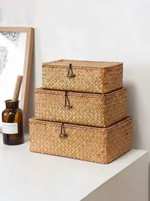 1 pieza Cesta de almacenamiento rectangular y cuadrada tejida con tapa, adecuada para salas de estar, dormitorios, baños, cocinas y fiestas festivas