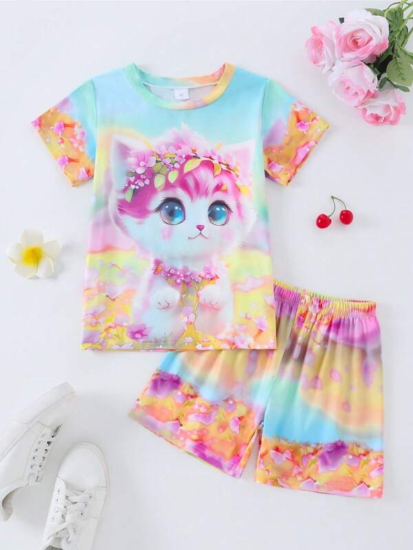 Conjunto de camiseta con estampado 3D de gato de Body completo y pantalones cortos de 2 piezas para vacaciones y uso casual, adecuado para niñas de 5 a 14 años