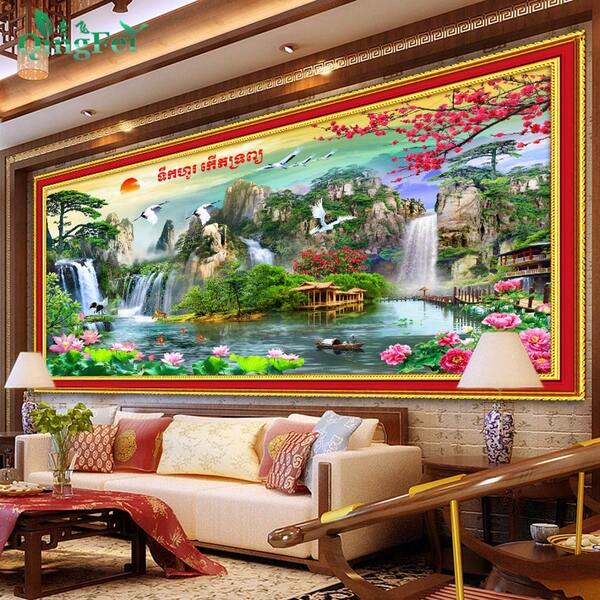 qingfei Kit de Bordado em Ponto Cruz Lótus com Água Fluente para Decoração de Quarto DIY, Feito no Vietnã/Camboja