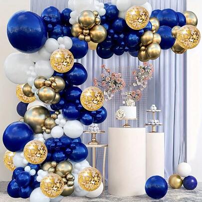 131pcs Navy Blue, White, Metal Gold Latex Balloon Set, Metal Blue Balloons With Confetti Balloons Are Perfect For Indoor And Outdoor Decoration Such As Birthday Decor, Weddings, Graduation Ceremonies, Ball Parties, Opening Ceremonies, Etc.