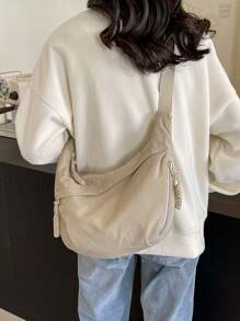 Fashionable Color Nylon Waterproof Shoulder Bag With Simple & Casual College Style, Wide Strap, Multiple Zipper Design Suitable For Students, Shopping, Daily Use, Shoulder Bag For School