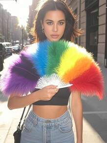 1pc Rainbow Colored Feather Fan, Plush Feather Fan For Ventilation, Fashion Decoration, Hand-Held Stage Costume, Runway Performance Prop, Festival Party Celebration Prop