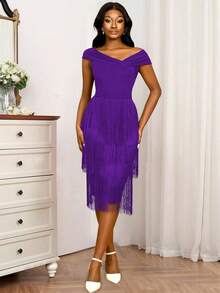 Rochie de damă cu mânecă scurtă și umeri asimetrici, talie înaltă, mulată, slăbită, decor cu ciucuri în mai multe straturi, potrivită pentru petrecere de ziua de naștere, cină formală, bal de absolvire, întâlnire, petrecere, nuntă, domnișoare de onoare, ceremonie de absolvire, invitată la nuntă etc. - Violet - Vizualizare 5