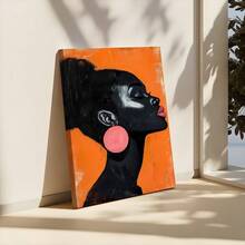 1pc Framed Canvas Poster African American Woman, Pink Earrings, Abstract Expressionism Wall Art Canvas Paintings Ideal Gift For Bedroom Living Room Corridor Wall Art Wall Decor Room Decoration Ready To Hang - Grey - View 3