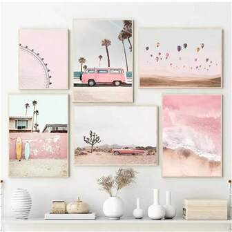 1 件可选框架海报墙艺术流行北欧夏季假日旅行海滩冲浪海洋粉色艺术海报帆布画墙艺术适用于客厅家居装饰，带框架的墙壁艺术