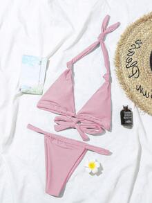 2pcs/Set Women's Sexy Ruched Lace Backless Beach Bikini For Summer Vacation - Baby Pink - View 3