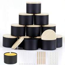 Kit de Velas DIY - 42 Peças Conjunto de Latas de Madeira Preta com Tampas, Recipientes Reutilizáveis, Inclui 10 Mechas, 20 Adesivos e 6 Suportes de Mecha, Para Artesanato e Arte