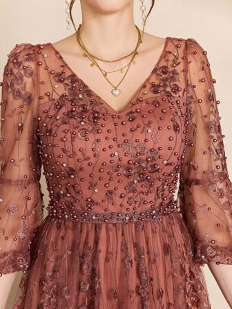 Anpoket V 领刺绣蕾丝泡泡袖高端晚礼服、正式礼服、派对礼服、长袍，适合婚礼宾客