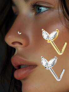 FOREVER QUEEN 1pc 925 Sterling Silver Leaf Shaped L-Shaped Nose Ring, 20G Nose Ring/Stud, With Clear CZ Rhinestone, Suitable For Women And Men - Single Nose Ring - View 1