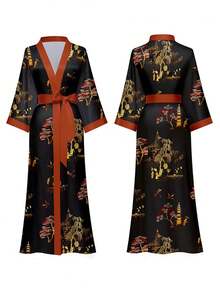 Chinese Style Retro New Classical Elegant Loose Mid-Length Cover Up Robe, Tie-Up Summer Sleepwear, Beach Cover-Up, Sunscreen Jacket, Kimono