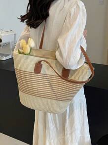 Straw Tote Bag Large Capacity Straw Bag Women's Handbag 2025 New Fashion Versatile Commute Shoulder Bag Beach Bag Travel Holiday Beach Straw Tote Bag Striped Woven Women Bag