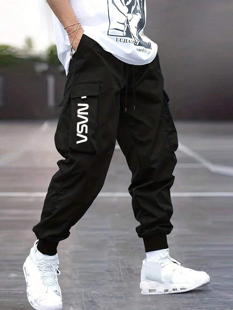 Pantalones de trabajo casual multibolsillos con cordón y estampado de monogramas para hombre, a la moda y versátiles - Negro - Ver 1