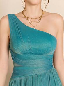 Vestido de dama de honor largo con escote asimétrico, busto fruncido, cintura hueca y línea A, con malla - Agua verde azul - Ver 6