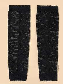 1 Pair Sweet Lace Fingerless Long Arm Sleeve, Thin & Breathable UV Protection, Stretchy & Sexy, Covering Scars & Tattoos, Suitable For Driving - Black - View 4