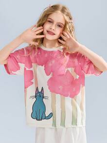 ASK JUNIOR Tween Girls' Oversized Cute Allover Print Short Sleeve T-Shirt - Multicolor - View 2