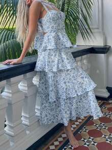 Women Boho Floral Maxi Dress Y2k Spaghetti Strap Square Neck Backless Ruffle Flowy Long Dresses Tiered Sleeveless Tie Up Dress Summer Wedding Guest Sundress Going Out Beachwear - 藍色 - 查看 5