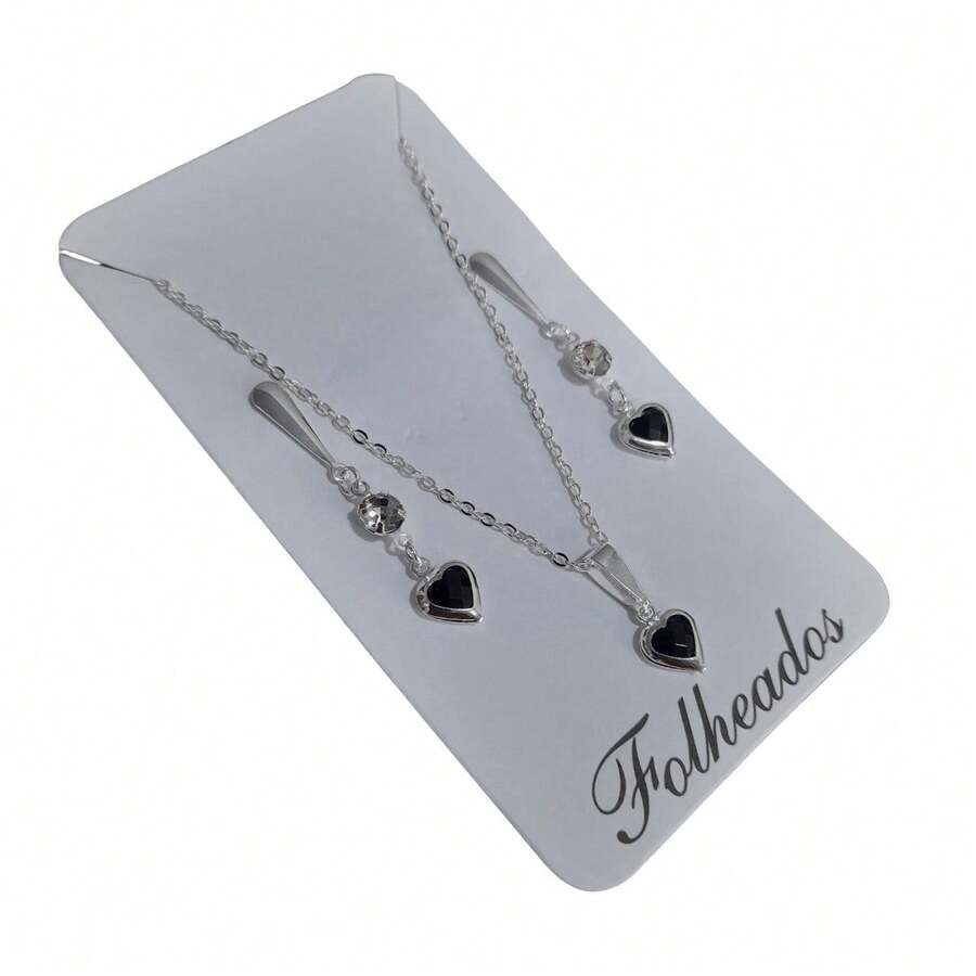 Necklace Set, Chain + Pendant + Silver Plated Earring Cj02 - 黑色 - 查看 1