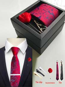 1 Set Classic Paisley Necktie Gift Box Including Necktie, Tie Clip, Boutonniere, High-End Business Formal Wear Suitable For Weddings, Father's Day, Friends Gifts, Meetings, Important Conferences