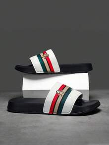 Men's Gold Skull Slippers, EVA Thick Soft Bottom Non-Slip Three Stripe Home Slippers, Summer Beach Slippers, Super Comfortable Durable Men's Casual Slippers, Suitable For Daily Wear - White - View 3