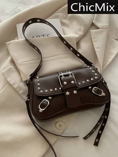 Bolso de hombro con remache y decoración de volante de unicolor, adecuado para compras, carteras, jóvenes, estudiantes universitarios, recién llegados y trabajadores de cuello blanco. Muy apropiado para oficinas, universidades, trabajo, negocios, trayectos, actividades al aire libre, viajes y salidas