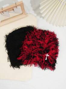 2 peças/1 peça Gorro de Tricô Longo e Felpudo Personalizado e Estiloso Unissex com Bordado de Cruz