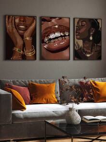 3幅优雅非洲女性帆布艺术印刷现代金色圆点海报美学时尚绘画艺术女性肖像墙面艺术装饰，适用于客厅、宿舍，无框 - 黑色 - 查看 13