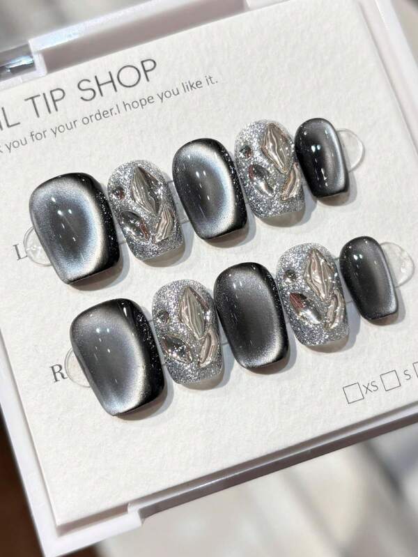 10 piezas de uñas cortas para presionar, diseño de patrón de arte de uñas DIY estrella vacía de ojo de gato, uñas negras para quitar y reutilizar, adecuado para hombres y mujeres para uso en escenario, baile, fiesta, 1 pieza de pegamento de gelatina de frutas y 1 pieza de tira de frotamiento.
