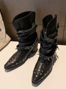 Botas hasta el tobillo, botas retro remachadas hasta la pantorrilla, botas de mujer francesas versátiles tipo western, botas de caballero, botas pequeñas