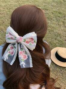 1pc Women's Embroidered Floral Ribbons Big Bow Hair Clip, French Lace Flower Hair Accessory