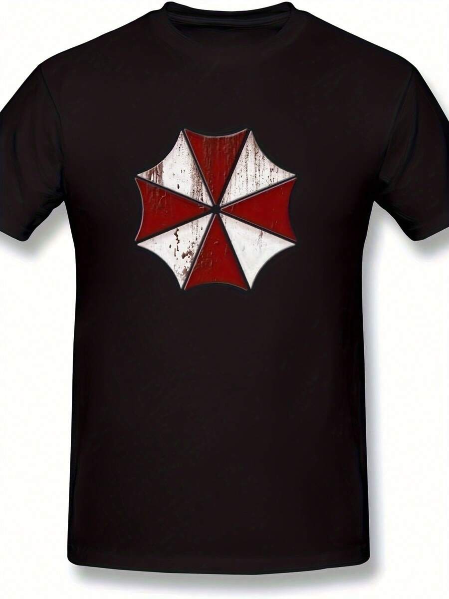 Camiseta estampada de manga corta y cuello redondo de algodón negro de 180 g para mujer con diseño de logotipo de paraguas rojo y blanco sucio, ajuste cómodo e informal para uso diario - Negro - Ver 1