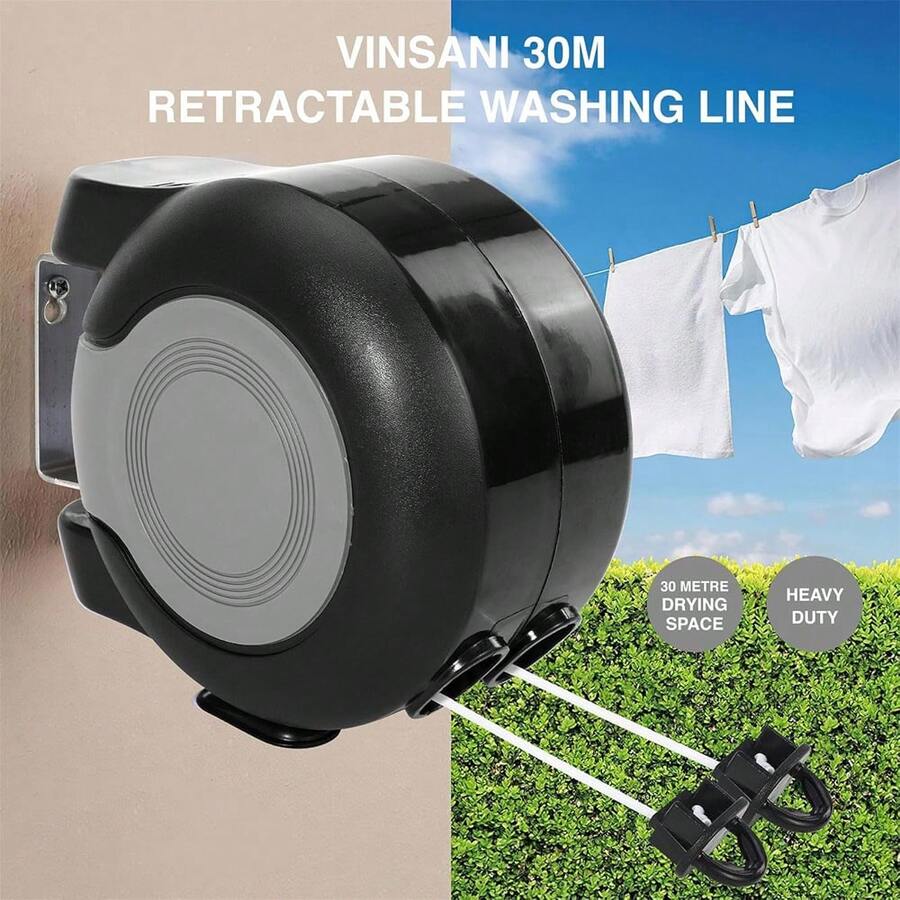 NetHong 30m Retractable Clothes Reel Double Heavy Duty Washing Line Wall Mounted Outdoor