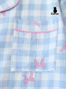 2pcs/Set Plus Size Women's Blue & White Plaid Bow Print Short Sleeve Collared Top With Pocket And Bow Shorts Pajamas Loungewear Set, Spring/Summer, Outfits