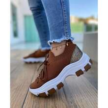 Women Chunky Sock Sneakers JM Platform Comfortable Simple Casual Punk Synthetic Leather Contrast CHUNKY Outdoor - Rust Brown - View 1