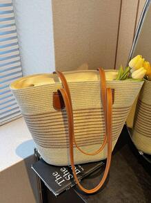 Straw Tote Bag Large Capacity Straw Bag Women's Handbag 2025 New Fashion Versatile Commute Shoulder Bag Beach Bag Travel Holiday Beach Straw Tote Bag Striped Woven Women Bag