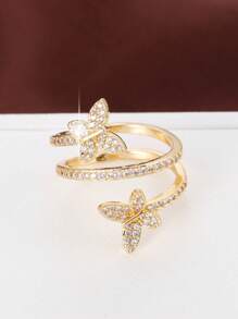 Anillo envolvente abierto con diseño de mariposa, de cobre con circonita sintética, joyería de uso diario ajustable para todas las estaciones