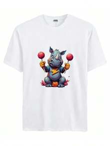 Men's Summer Short Sleeves-A Cartoon Rhino Holding Two Red Lollipops - White - View 1