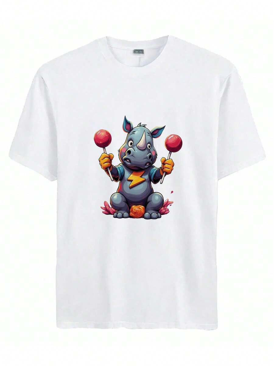 Men's Summer Short Sleeves-A Cartoon Rhino Holding Two Red Lollipops - White - View 1