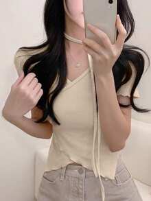 2025 夏季女士休闲时尚抽绳短袖T恤 - 杏色 - 查看 4
