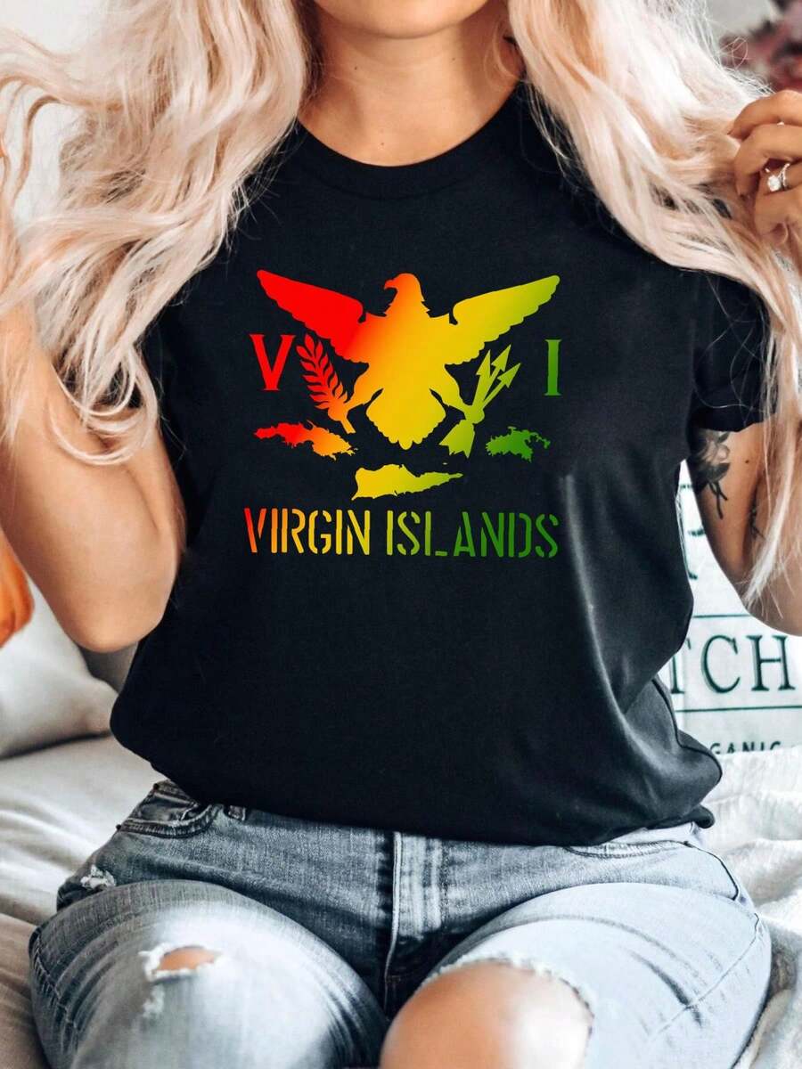 Camiseta de 180g de algodón puro con bandera de las Islas Vírgenes en rojo, oro y verde, camiseta con bandera de las Islas Vírgenes, camiseta "Love Virgin Islands", regalo de las Islas Vírgenes, diseño unisex versátil, de manga corta, transpirable y cómodo para mujer, ropa de diseñador gráfico de moda, ropa casual y cómoda para hombre - Negro - Ver 1