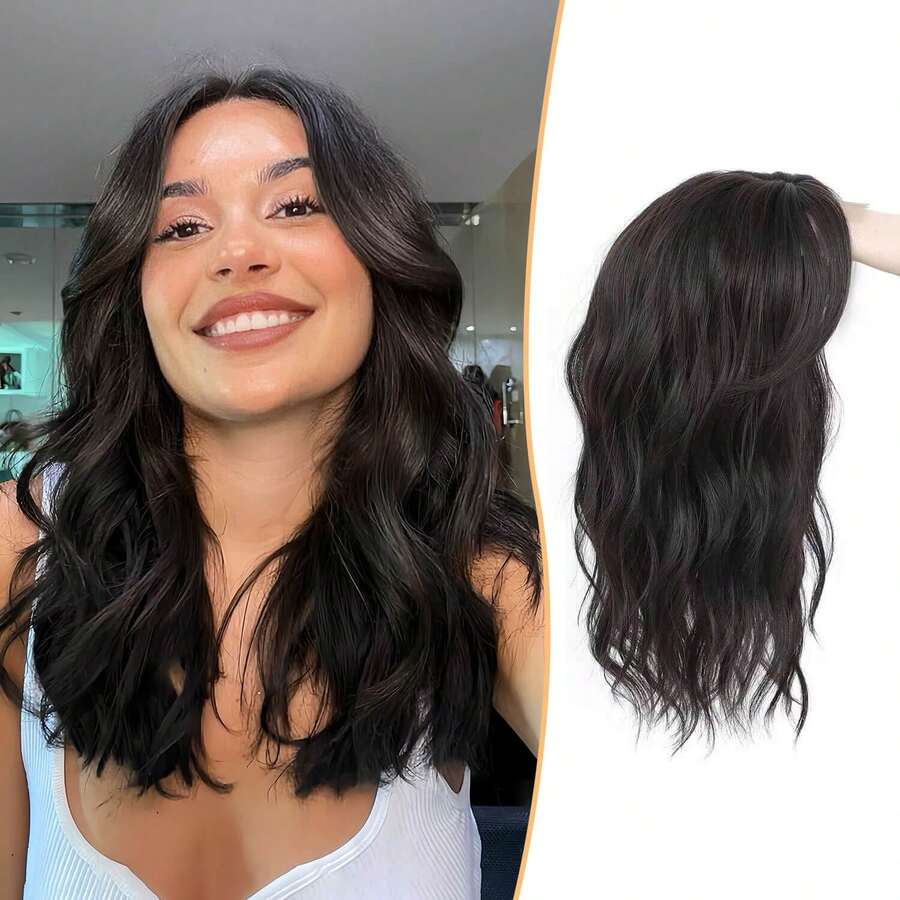 Megito Hair Topper,16inch Wavy Natural Black Hair Toppers For Women With Thinning Hair Synthetic Hair Topper With Bangs Wiglets Natural Add Hair Volume - Dark Brown - Xem 1