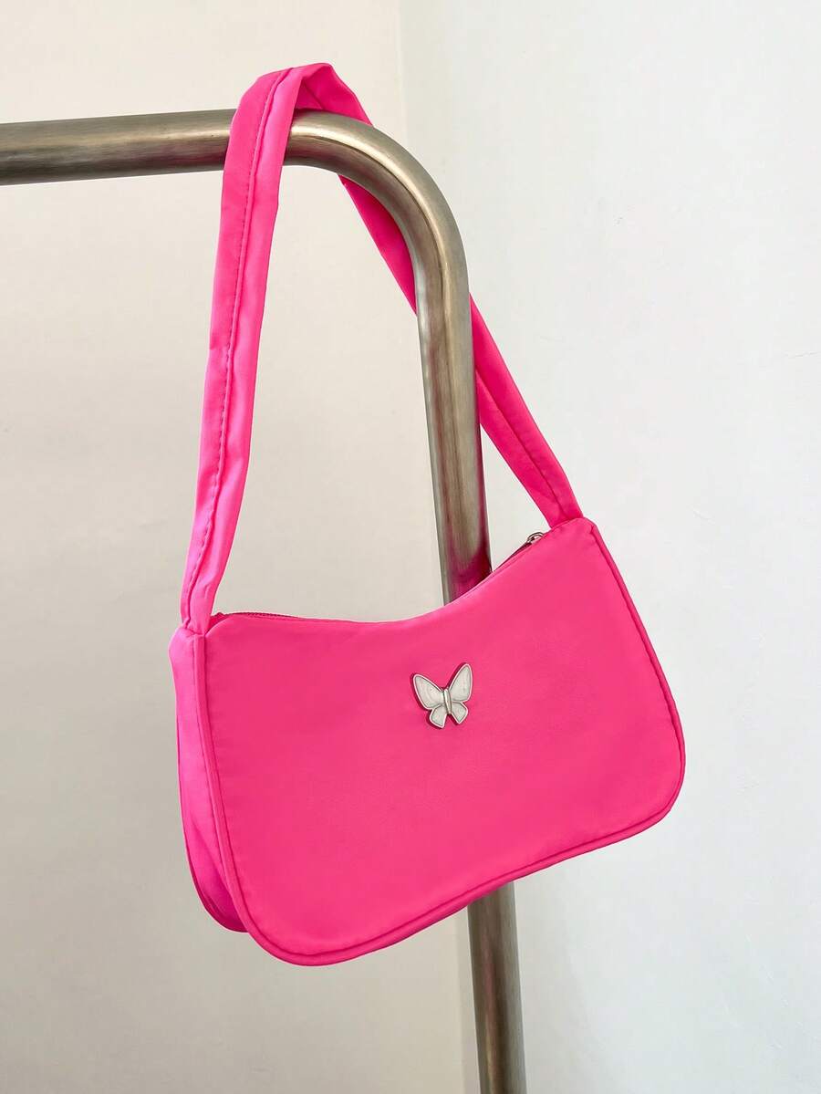 Bolso de hombro con decoración de mariposa de metal, de estilo moderno para el verano 2024, bolso versátil y ligero, bolso de estilo callejero chic para mujer - Rosa Fucsia - Ver 1