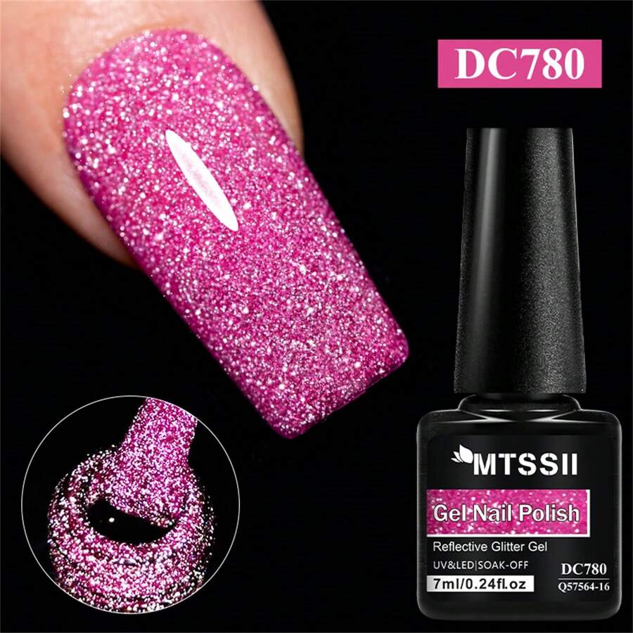 Mtssii 7ml Fluorescent Pink Reflective Nail Gel Polish Sparkling Shining Glitter Neon Color Nail Supplies Semi Permanent Soak Off UV Gel Varnish Sparkle Effect Nail Art Manicure - 彩色 - 查看 1