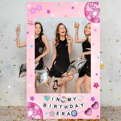 1pc Pink "My Birthday Era" Star & Heart Shaped Photo Booth Frame - Polyester Disco Party Prop, Suitable For Birthday, Bachelorette Party, Bridal Shower And Theme Events - Battery-Free, Birthday Party Accessory | Holiday Frame Design | Polyester Photo Frame, Birthday Party Decor