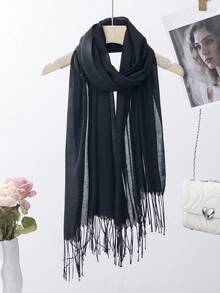 1 pieza Bufanda de mujer elegante, suave y ligera de unicolor con flecos, ideal como chal protector solar para salir - A - Ver 27