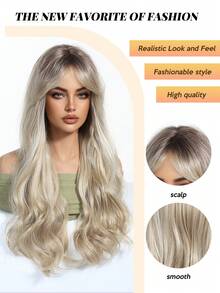 26 英寸大波浪假发，金色渐变色，女士合成假发，时尚度假风格玫瑰网帽，耐热，外观自然 - 漸變金色 - 查看 9