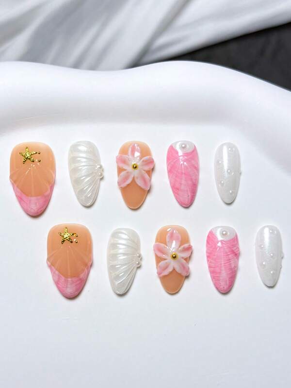 10 peças de unhas postiças curtas estilo francês, estilo amêndoa, nude, estilo praia, extensões com flor e pérola, estrela do mar, unhas caseiras, unhas postiças de acrílico, adequadas para feriados, festas e uso diário; inclui 1 folha de cola gelatinosa e 1 mini lixa